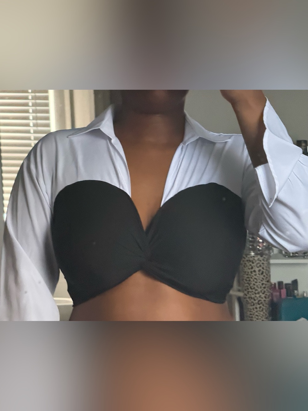 Black Strapless Twist Front Bra Top with White Shirt Collar